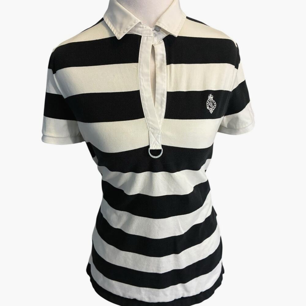 Polo Ralph Lauren Woman L White and Black Striped Polo Shirt Vintage 90s Preppy